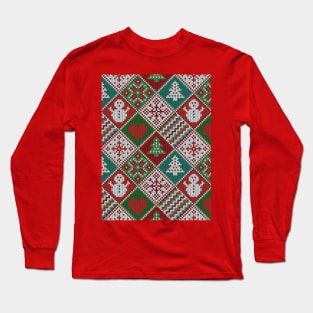 Red Green White Faux Knit Christmas Pattern Long Sleeve T-Shirt